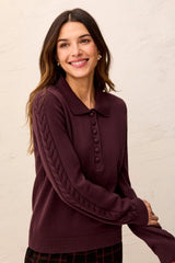 Tribal Women's Self Button Placket Collared Cable Sleeve Sweater