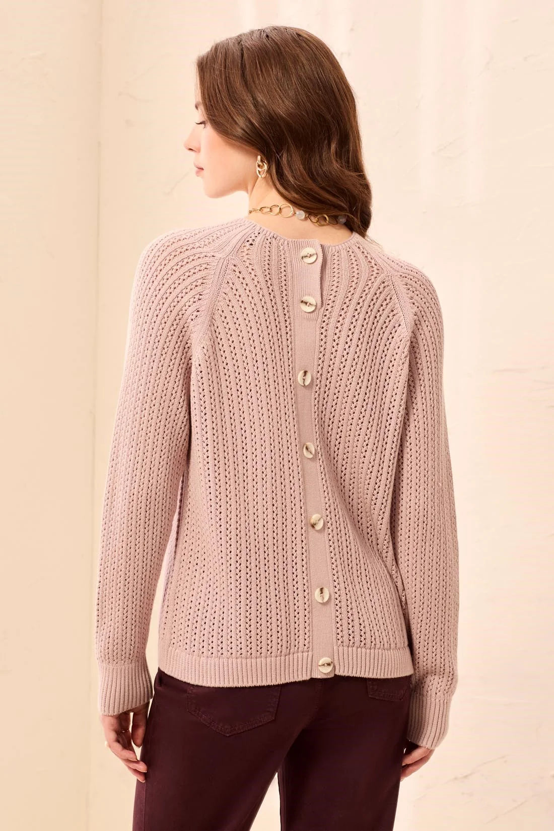 Tribal Women's Pointelle Button-Back Long Sleeve Sweater