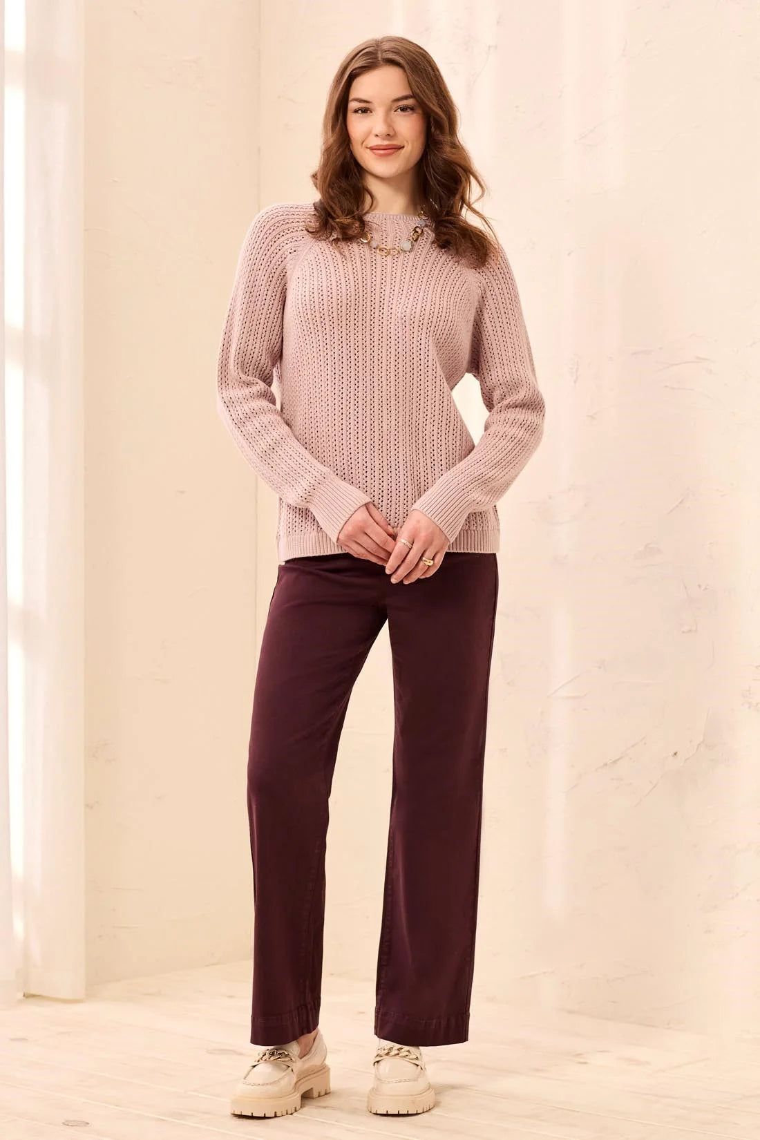 Tribal Women's Pointelle Button-Back Long Sleeve Sweater