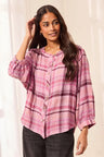 Tribal Women's Soft Waffle Knit Plaid Blouse With Puff Sleeve