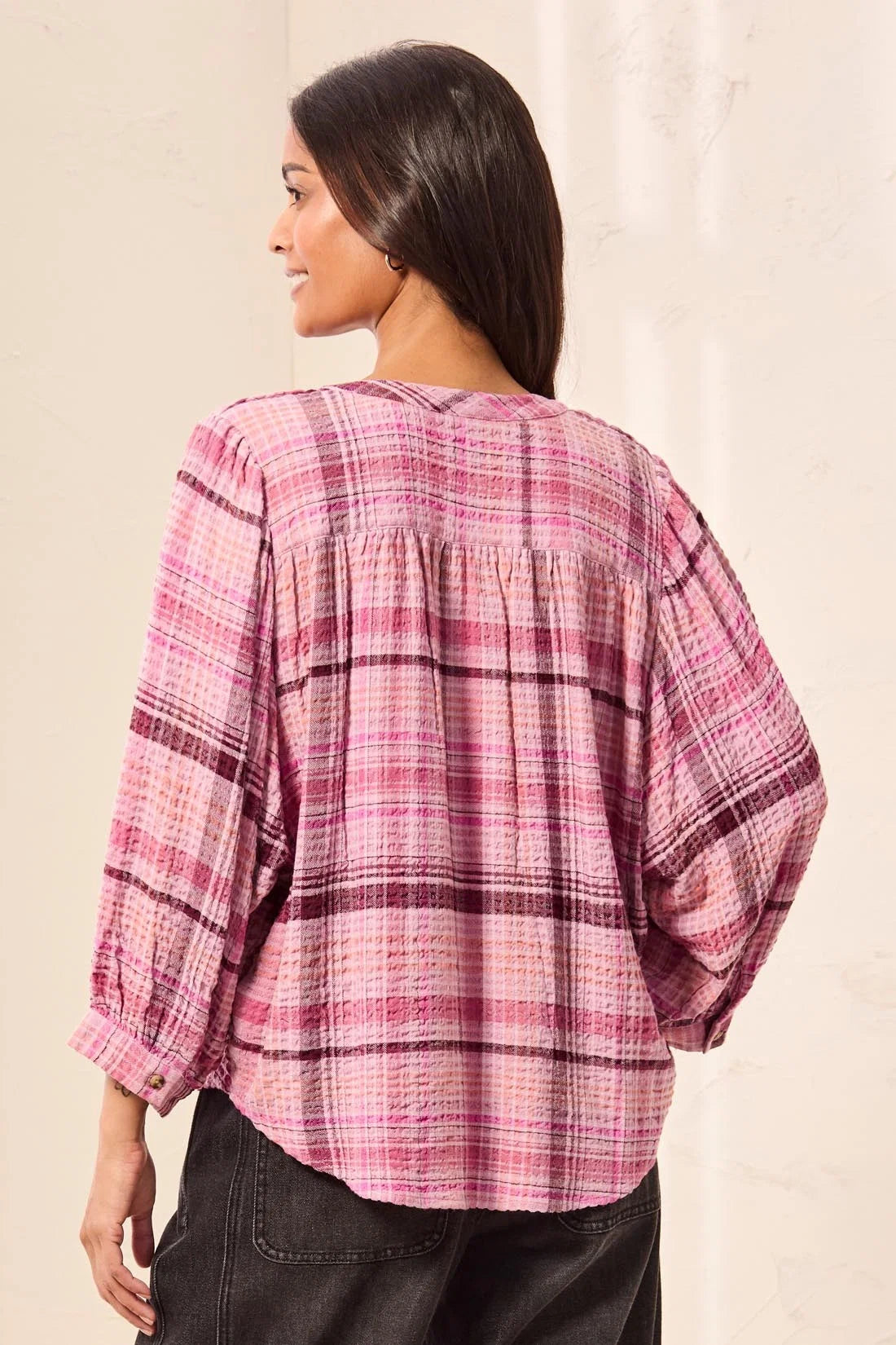 Tribal Women's Soft Waffle Knit Plaid Blouse With Puff Sleeve