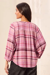 Tribal Women's Soft Waffle Knit Plaid Blouse With Puff Sleeve