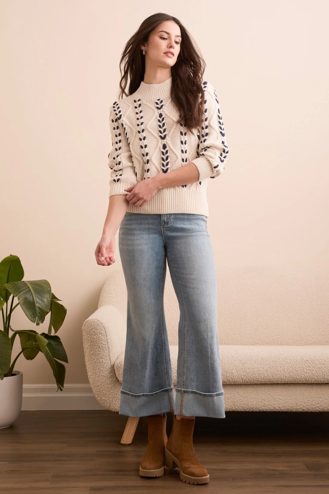 Tribal Women's 3/4 Sleeve Mock Neck Cable Knit Sweater - A&M Clothing & Shoes - Westlock