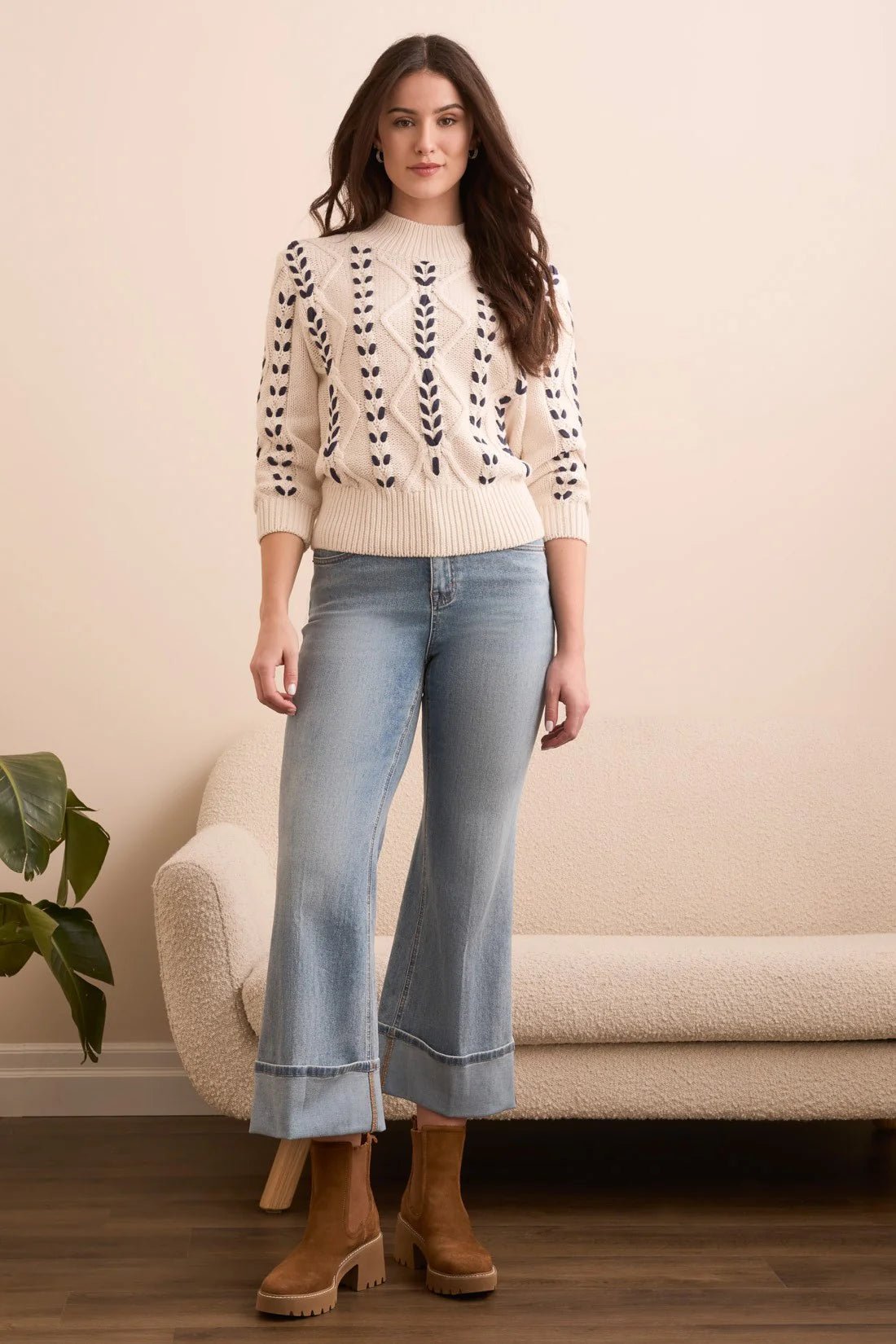 Tribal Women's 3/4 Sleeve Mock Neck Cable Knit Sweater - A&M Clothing & Shoes - Westlock