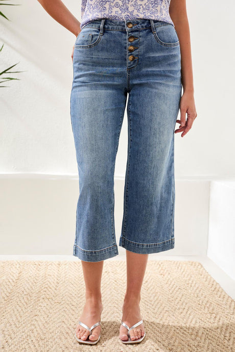 Tribal Women's Audrey Button Fly Wide Crop Jeans - Pebble Blue