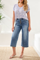 Tribal Women's Audrey Button Fly Wide Crop Jeans - Pebble Blue