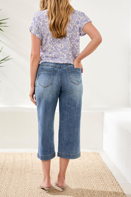 Tribal Women's Audrey Button Fly Wide Crop Jeans - Pebble Blue