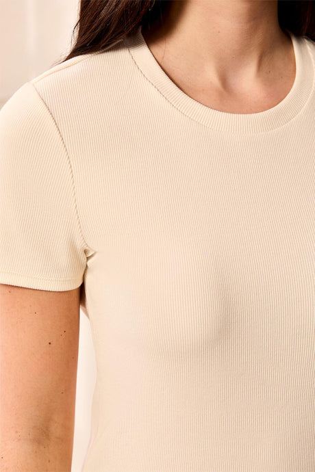 Tribal Women's Blue Thread Cotton Ribbed Fitted Crew Neck Tee - Cream