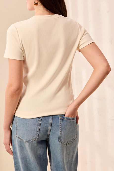 Tribal Women's Blue Thread Cotton Ribbed Fitted Crew Neck Tee - Cream