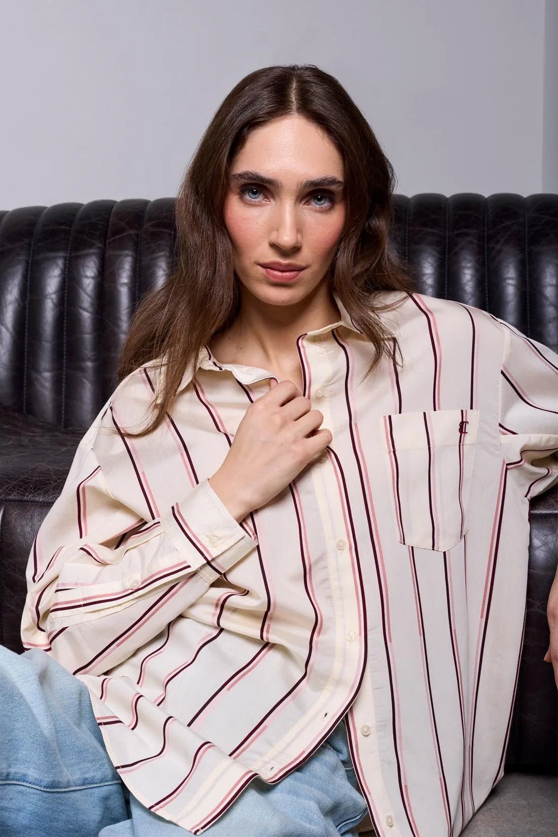 Tribal Women's Blue Thread Drop Shoulder Collared Blouse - Antique White