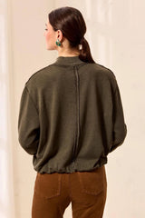 Tribal Women's Bubble French Terry Crew Neck Long Sleeve Knit Top - Cedar Green