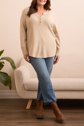Tribal Women's Button Henley Top Plus - Oatmeal