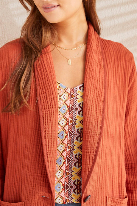 Tribal Women's Cotton Gauze Shawl Blazer - Brandy