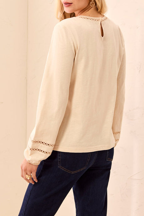 Tribal Women's Cotton Slub Eyelet Trim Long Sleeve Knit Top - Moonstone