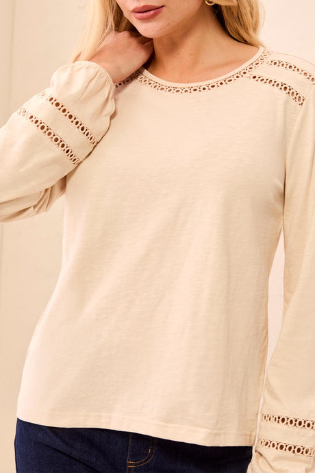 Tribal Women's Cotton Slub Eyelet Trim Long Sleeve Knit Top - Moonstone