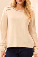 Tribal Women's Cotton Slub Eyelet Trim Long Sleeve Knit Top - Moonstone
