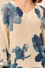 Tribal Women's Drop Shoulder V-Neck Puff-Sleeve Printed Sweater - A&M Clothing and Shoes