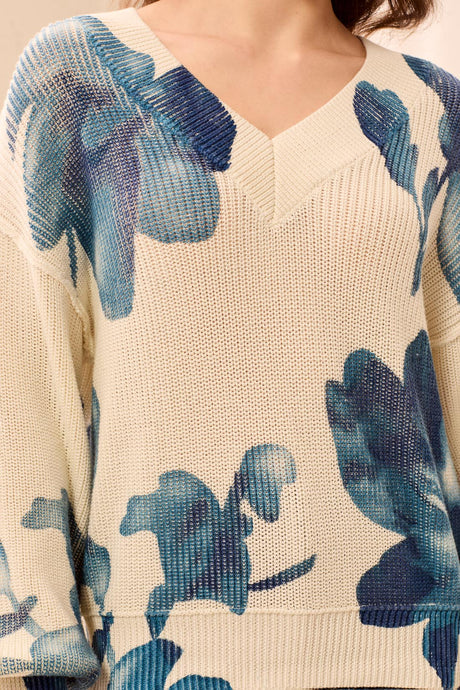 Tribal Women's Drop Shoulder V-Neck Puff-Sleeve Printed Sweater - Cream