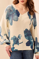 Tribal Women's Drop Shoulder V-Neck Puff-Sleeve Printed Sweater - Cream