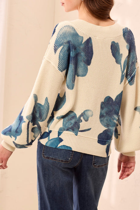 Tribal Women's Drop Shoulder V-Neck Puff-Sleeve Printed Sweater - Cream