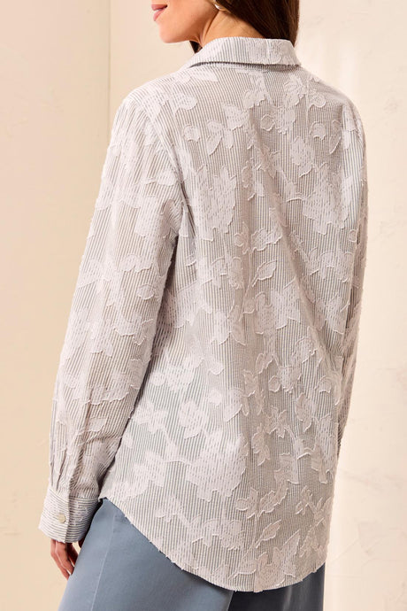 Tribal Women's Floral Textured Jacquard Collared Button-Front Blouse - Blue Fog
