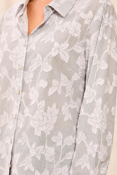 Tribal Women's Floral Textured Jacquard Collared Button-Front Blouse - Blue Fog