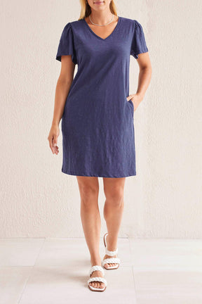 Tribal Women's Flutter Slv V-Neck Dress - Blue