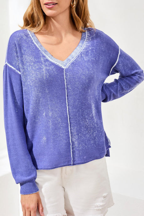 Tribal Women's Lightweight Cotton V-Neck Special Wash Sweater - Baja Blue