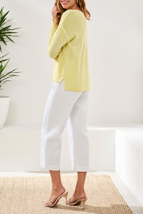 Tribal Women's Lightweight Cotton V-Neck Special Wash Sweater - Lemongrass