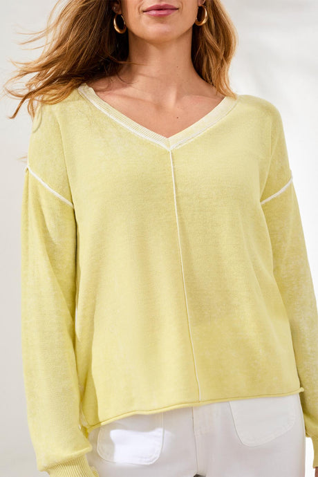 Tribal Women's Lightweight Cotton V-Neck Special Wash Sweater - Lemongrass