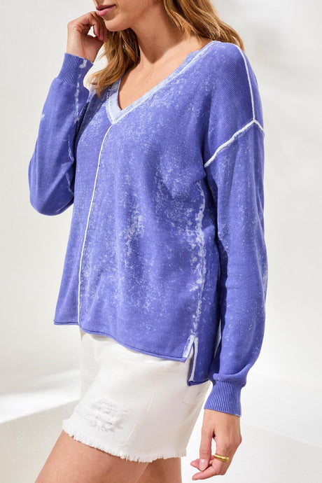 Tribal Women's Lightweight Cotton V-Neck Special Wash Sweater - Baja Blue