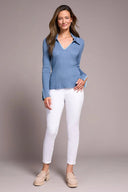 Tribal Women's Long Sleeve Blanket Stitch Polo Sweater - Slate