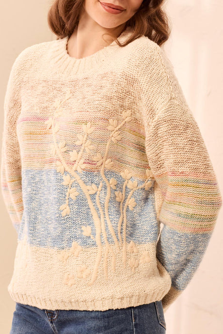 Tribal Women's Long Sleeve Crew Neck Embroidery Sweater - Azure