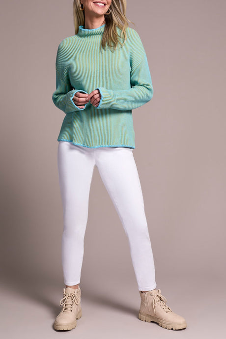 Tribal Women's Long Sleeve Funnel Neck Sweater - Mist Blue