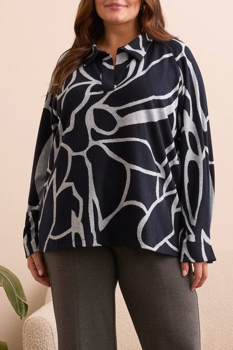 Tribal Women's Long Sleeve Henley Top Plus - Grey Mix