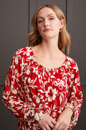 Tribal Women's LS Button Peasant Top - Scarlet