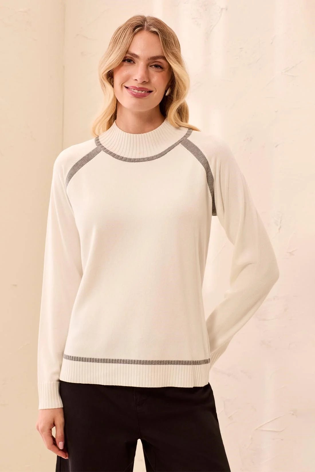 Tribal Women's LS Mock Neck Tipping Detail Sweater - Cream