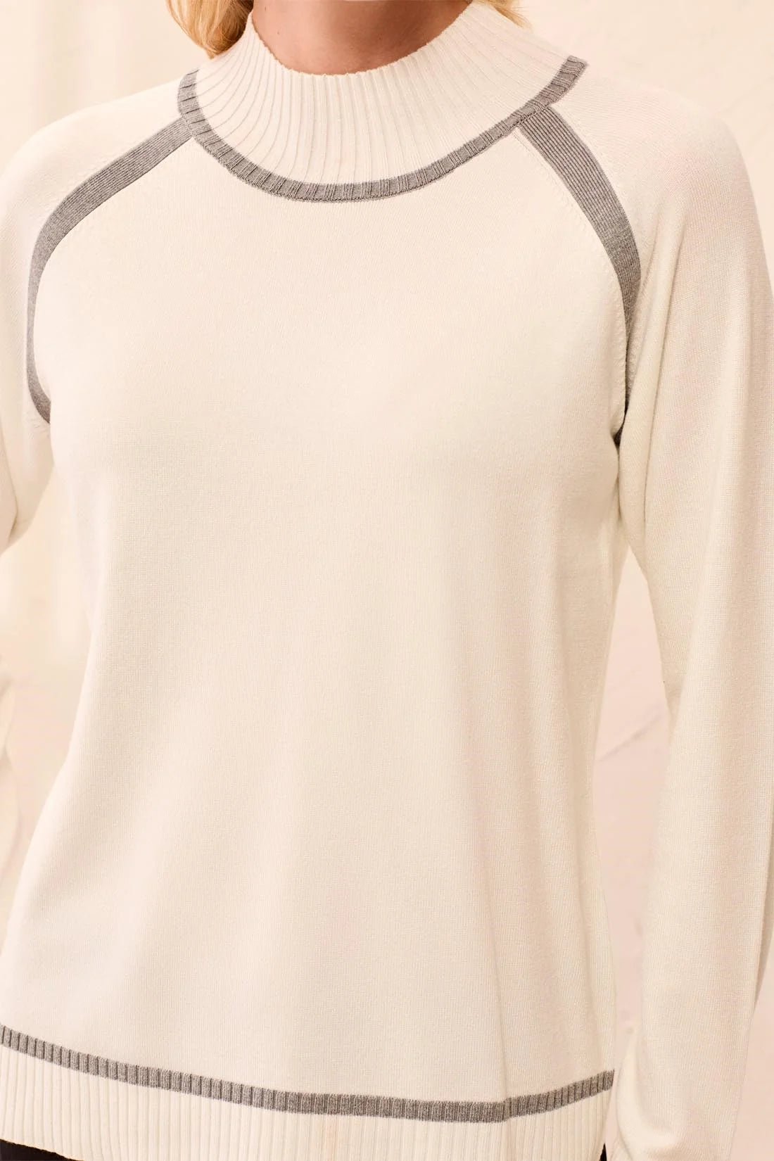Tribal Women's LS Mock Neck Tipping Detail Sweater - Cream