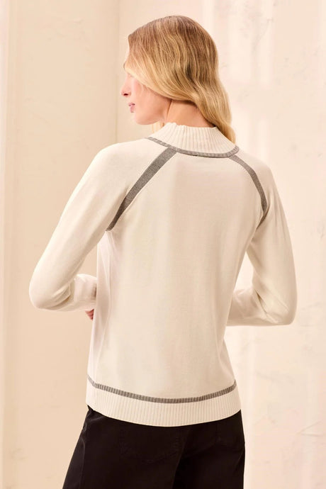 Tribal Women's LS Mock Neck Tipping Detail Sweater - Cream