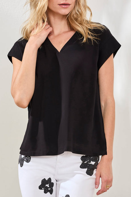 Tribal Women's Mixed Media Cap Sleeve V-Neck T-Blouse - Black
