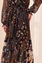 Tribal Women's Mixed Print Drama Smocking Details Dress - Rustic Brown