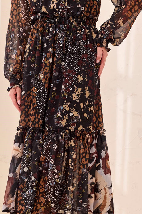 Tribal Women's Mixed Print Drama Smocking Details Dress - Rustic Brown