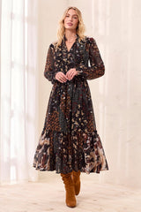 Tribal Women's Mixed Print Drama Smocking Details Dress - Rustic Brown