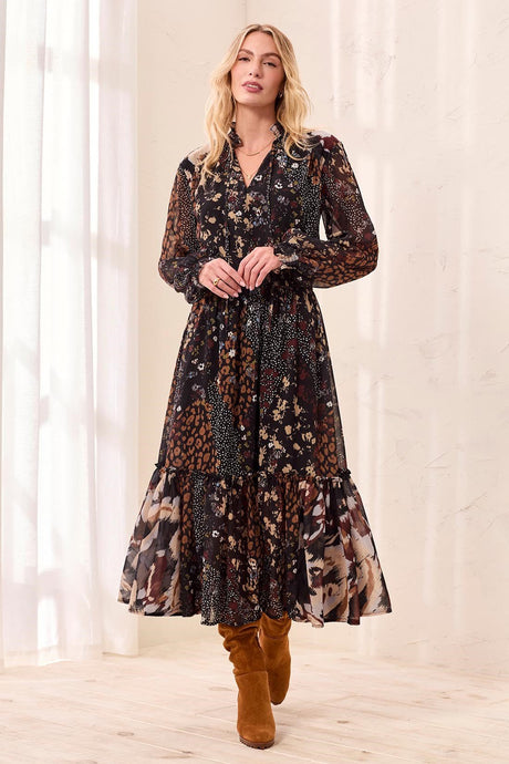 Tribal Women's Mixed Print Drama Smocking Details Dress - Rustic Brown