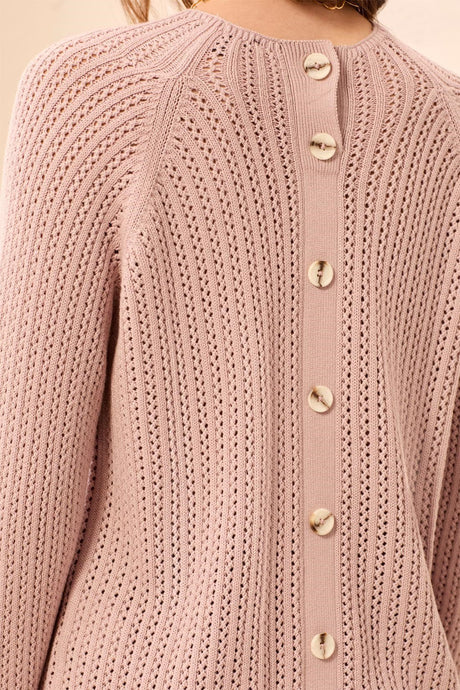 Tribal Women's Pointelle Button-Back Long Sleeve Sweater - Violet Ice