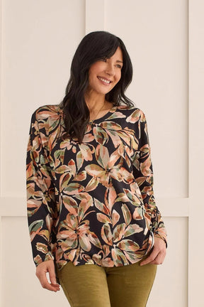 Tribal Women's Print Top With Side Slits - Mosstone