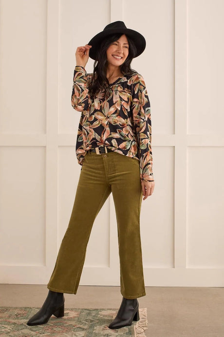Tribal Women's Print Top With Side Slits - Mosstone