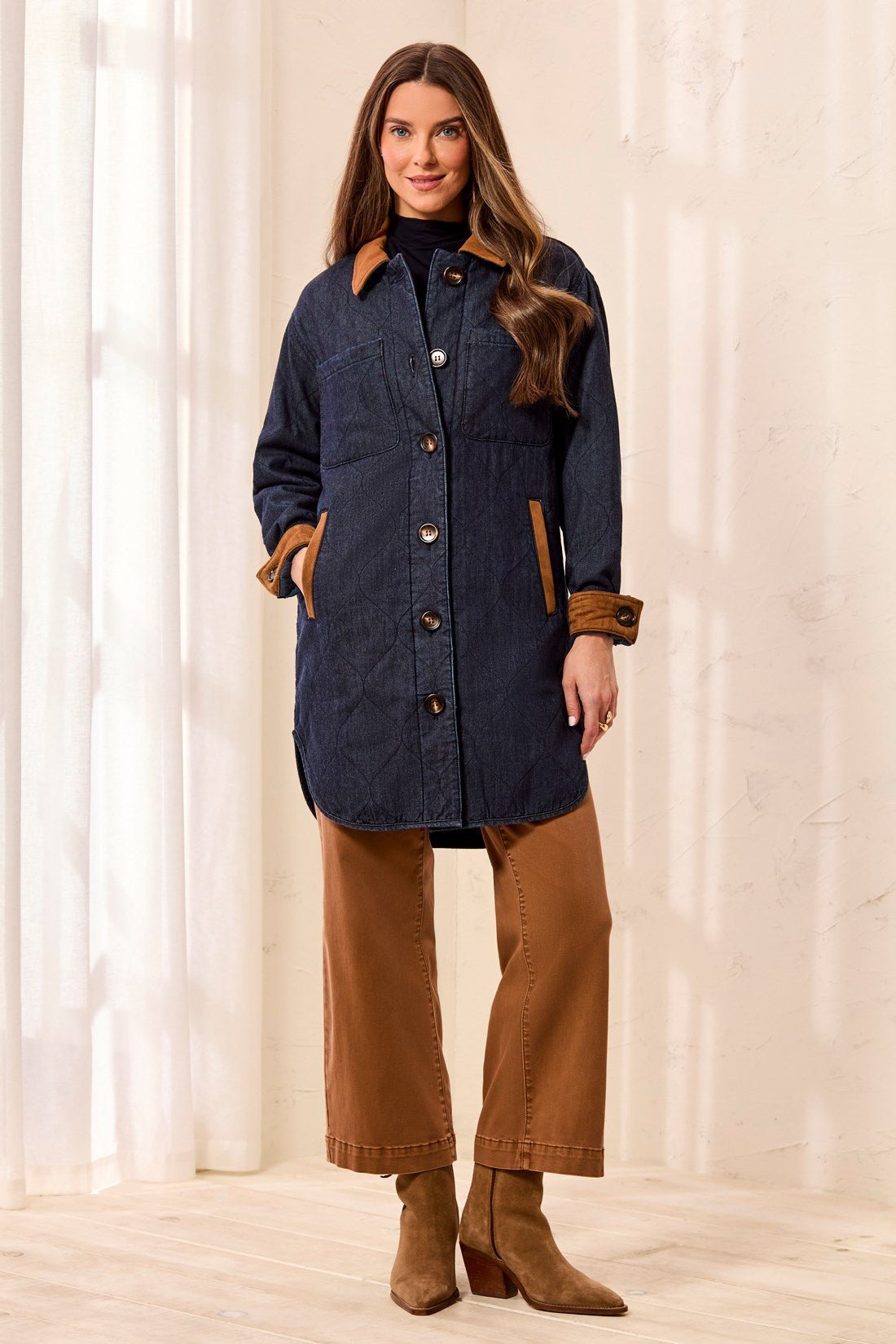 Tribal Women's Quilted Denim Suede Collar Jacket - Rinse