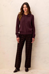 Tribal Women's Self Button Placket Collared Cable Sleeve Sweater - Plum Fudge