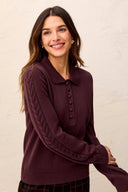 Tribal Women's Self Button Placket Collared Cable Sleeve Sweater - Plum Fudge